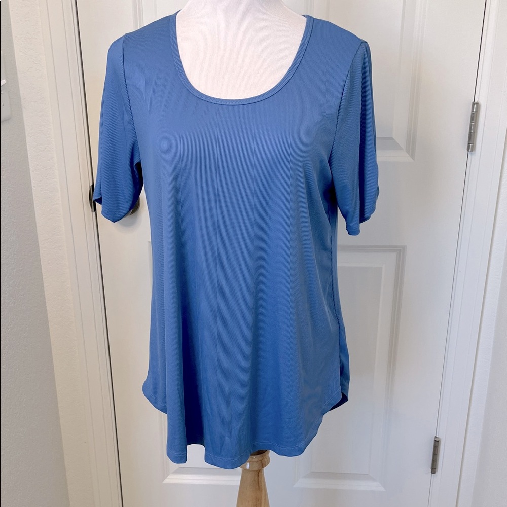 LuLaRoe Morgan Blue Ribbed Flare Tunic Top Ruched Sleeves Large 14-16